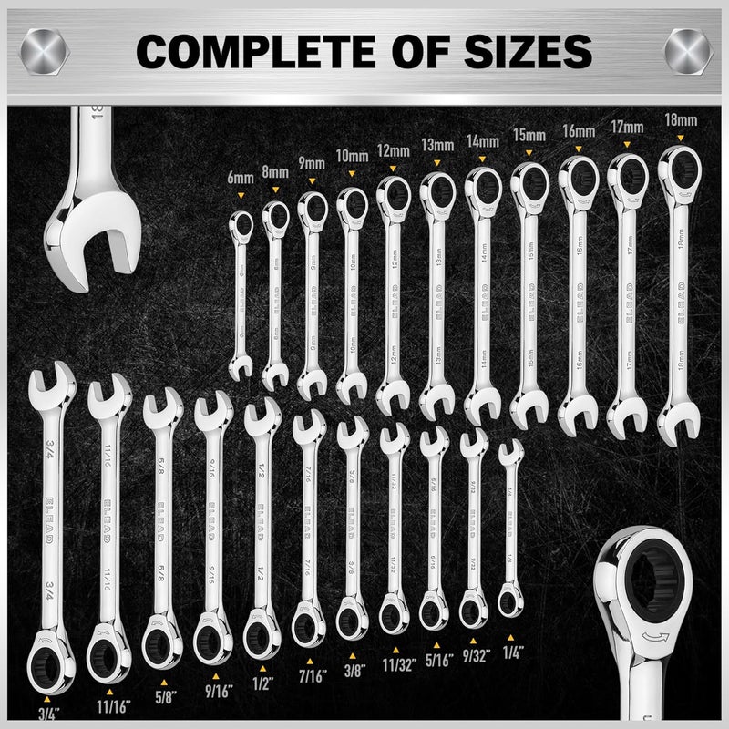 ELEAD 33-Piece Combination Ratchet Wrench Set | SAE & Metric Sizes (1/4" to 3/4" & 6-18mm) | 72-Tooth Gear Design | CR-V Steel | Organizer Carry Case | Ideal for Mechanics & DIY - Image 2